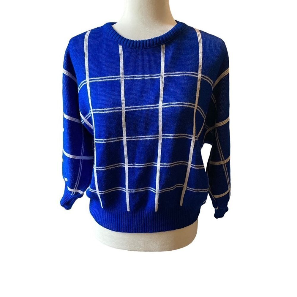 Vintage 80s 90s Fashions By Romanelli Electric Blue Womens Geometric Pullover Sw